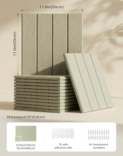 Aothia 12-Pack Felt Bulletin Board Tiles 48"x36", Modular Pin Board for Notes, Photos & Mood Boards, Cork Board Alternative for Smooth Walls, 0.35" Thick, 70 Adhesive Tabs & 40 Pins, Sage Green