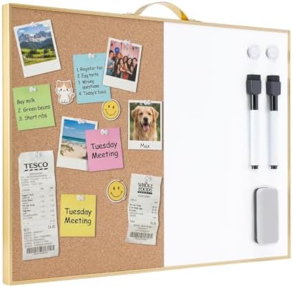 TSJ OFFICE Small Combination Board - 12" X 16" Portable Aluminum Gold Framed Magnetic Dry Erase Board for Wall, Small Bulletin Cork Board with Holder for Office, Home and School