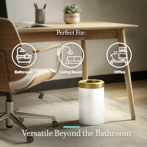 Gatco Small Bathroom Trash Can with Lid, Round 3 Gallon Stainless Steel Wastebasket, Under Sink, Matte Pearl and Brushed Brass, for Bathroom, Bedroom, Office (1931B)