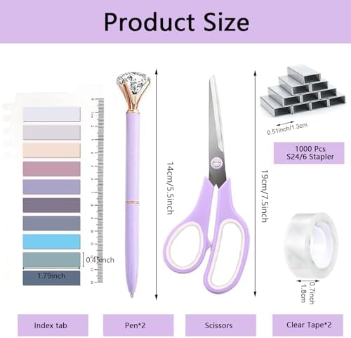 Office Supplies,Purple Desk Accessories,Desk Organizer,Stapler,Tape Dispenser,Folding Phone Stand,Scissors,Notebook,Staple Remover,Staples,Clear Tape,Sticky Notes,Clips,Cool Pen,Bookmark,Ect.22pcs