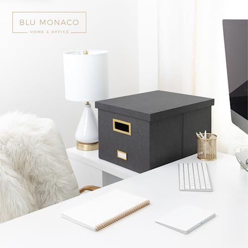 BLU MONACO | Desktop Hanging File Organizer Box with Lid | Hanging File Organizer for Desk in Grey Linen | File Bins with Lids for School and Office Storage