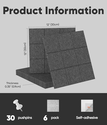 Large Cork Board for Walls 36" x 24", 6 Pack Felt Wall Tiles with Push Pins for Office Home, Pin Board Bulletin Board for Photo Pictures, Dark Gray