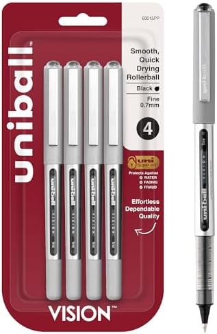 uni-ball Vision Stick Roller Ball Pens, Fine Point, Black Ink, Pack of 4