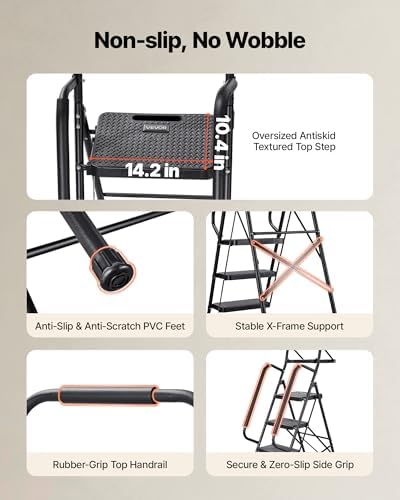 VEVOR 5 Step Ladder, Folding Step Stool with Wide Anti-Slip Pedal, Tool Tray, Dual Side Handrails, Portable Steel Ladder, Multi-Use for Kitchen, Home, Household and Office, Black