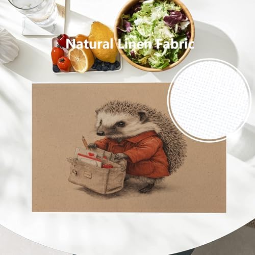 Batmerry Hedgehog Delivery Mail Linen Placemats Set of 4, Cute with Bag Washable Table Mats for Kitchen Table Thickened Heat Insulation Dining Set Indoor Outdoor 12X18 in