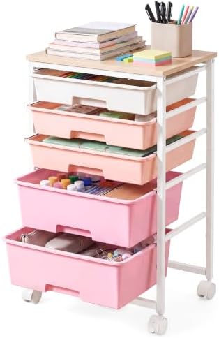 VASAGLE Rolling Cart with Drawers,5 Drawers Storage Cart, Pink