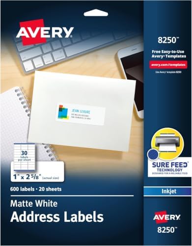 Avery Matte White Address Labels, Sure Feed Technology, Permanent Adhesive, 1" x 2-5/8", 600 Labels (8250) (Pack of 5)