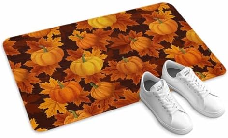 Fall Door Mat Orange Harvest Pumpkin Doormat Autumn Maple Leaf Harvest Thanksgiving Welcome Mat Non Slip Rubber Entryway Front Rug Floor Mat for Indoor Outdoor Kitchen Autumn Holiday Home Decor 20x32