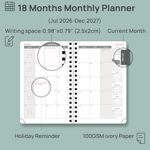 POPRUN 2026-2027 Monthly Planner, 4" x 6.25" Small Agenda,18 Month Calendar