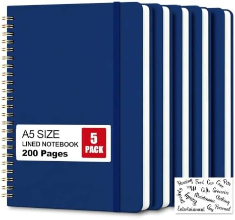 5 Pack Hardcover Spiral Notebooks, 8.3" x 6.3" Lined Journal Set, 100 GSM Bleed-Resistant Paper, 200 Pages Twin-Wire Bound Notebook with Elastic Band & Category Stickers for Office, School