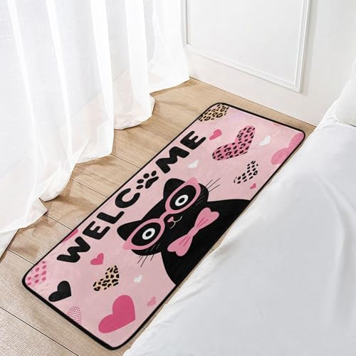 Aslsiy Black Cat with Bow Heart Pink (1) Kitchen Rug Kitchen Mats Valentines Floor Comfort Welcome Washable Non Slip Area Rug for Home Decor 39" X 20"