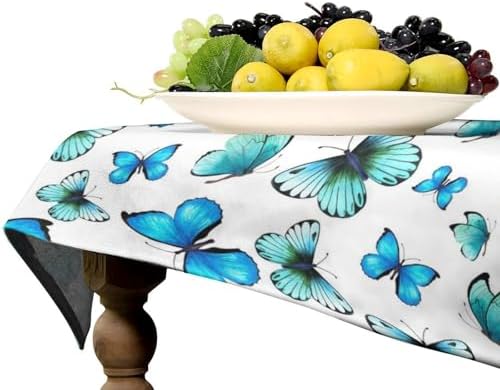 Blue Butterfly Tablecloth, Cute Animal Green Teal Butterfly Fantasy Wings Print Table Cover for Home Kitchen Outdoor Party Picnic Wedding Decor 55x55in