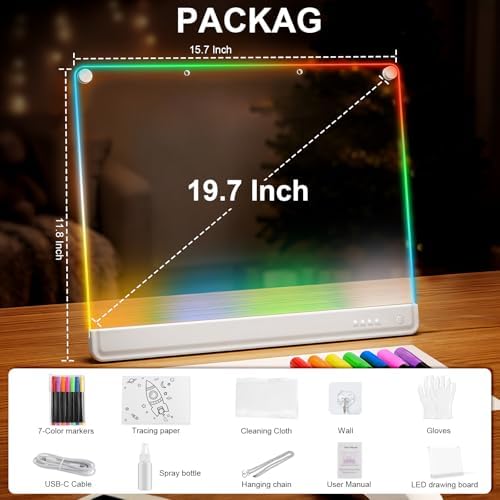 19.7-Inch Rechargeable Doodle Glow LED Note Board,15-Color Light Effects,Neon Light Up Drawing Tablet Up Drawing Pad Dry Erase with Built-in Stand,Gift Toy for Kids/Girls/Teens,7 Markers Tracing Book