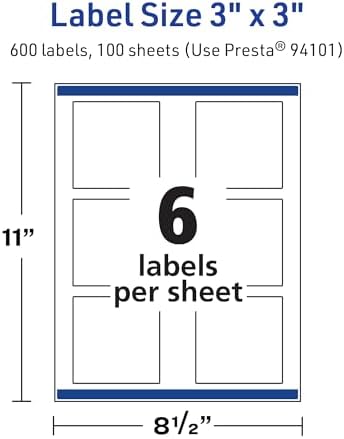 Avery TrueBlock Matte White Square Labels, Sure Feed Technology, 3" x 3", 600 Matte White Labels, Print-to-The-Edge, Laser/Inkjet Printable, Great for Packaging and Product Merchandising