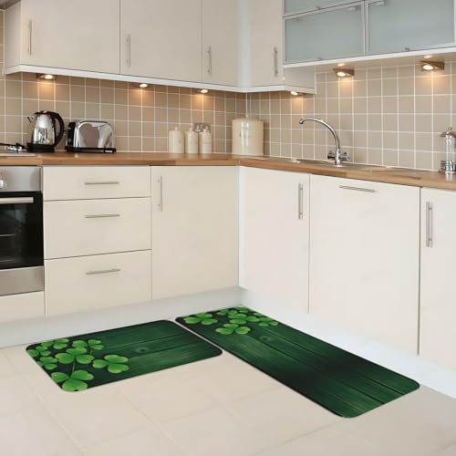 Sparkle Clovers Kitchen Floor Mat Set of 2, Non Slip Rugs Absorbent Mats for Floor Countertop Office Home, St Patrick's Day Indoor Outdoor Decor Doormat 17" x 29.5" + 17" x 47"