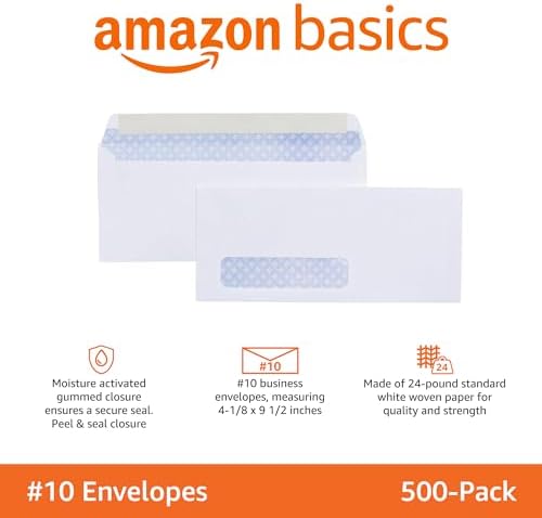 Amazon Basics #10 Security-Tinted Self-Seal Business Envelopes with Left Window for Invoices and Documents, White, 500-Pack