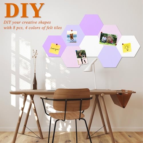 8 Pcs Hexagon Felt Cork Bulletin Board Tiles, Self Adhesive DIY Bulletin Board Pin Board for Office School Home Wall Decor Memos Photos Display(Purple & Pink)