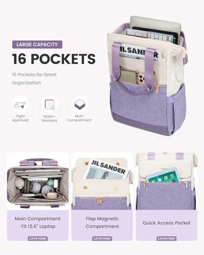LOVEVOOK Laptop Backpack for Women, 15.6 Inch Work Laptop Bag with USB Port, Fashion Teacher Nurse Backpack Purse, Waterproof Travel Computer Backpack with Organizer Bag, 2PCS, Beige-Light Purple