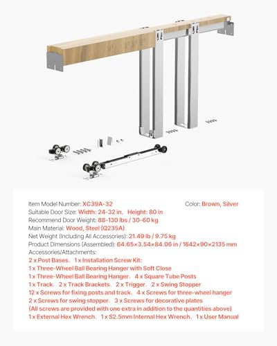 VEVOR Pocket Door Frame Kit, for 24-32 in Wide 80 in High Door, Pocket Door Kit with Two-Way Soft Close Mechanism, Slide Smoothly Quietly, Easy to Install, Premium Galvanized Steel, for Living Room