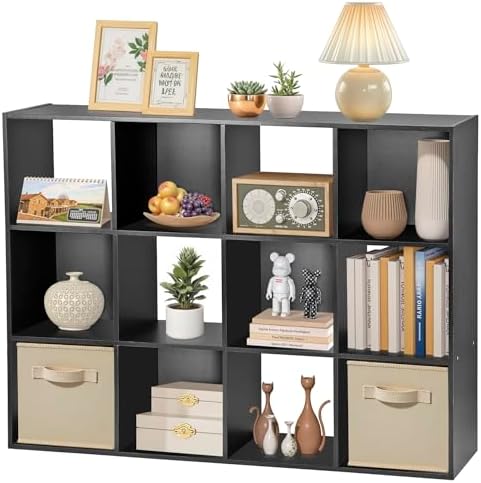 12 Cube Storage Organizer, Storage Shelf Organizer Bookshelf with Open Back, Open Shelf Bookcase, Wood Cubby Closet Cabinet Display Unit with 6 Removable Back Panels for Living Room Bedroom, Black
