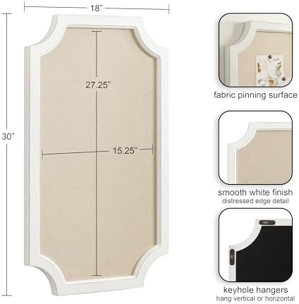 Hogan Framed Scalloped Decorative Wall Pinboard; White; 18 x 30; Rustic Modern Farmhouse Bulletin Board for Wall Organization and Decorative Displays