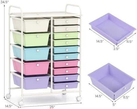COSTWAY 15 Drawer Rolling Storage Cart, Mobile Utility Cart with Lockable Wheels, Drawers, Multipurpose Organizer Cart for Home, Office, School, Ice Cream Multicolor