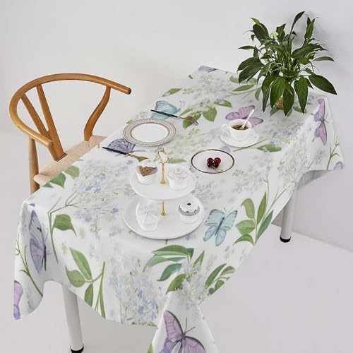 Butterfly Floral Tablecloth, Spring Summer Watercolor Flowers Plants Leaves Print Table Cover for Party Picnic Dinner Decor 55x55in