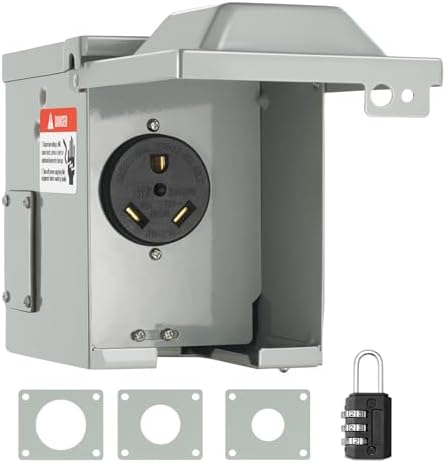 VEVOR 30 Amp RV Power Outlet Box, 125/250 Volt, Enclosed Lockable Outdoor RV Receptacle Box, NEMA TT-30R Weatherproof Electrical Panel, for RV Camper Trailer Motorhome Electric Car