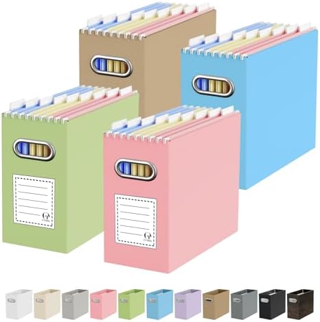 Oterri Portable Collapsible Cardboard File Box with Handle for Letter-Size | 4-Pack. Stainless Steel Handle. Label Stickers Included. Fits Letter Folders (Not Included). Home, Office, School, Dorm, Tax.