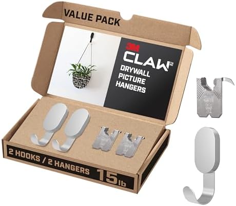 3M CLAW 15 lb. 2 Drywall Silver Hooks & 2 Extra Picture Hangers, Heavyweight Hanging Solution for Backpacks, Jackets, Pictures and Room Decor, Cute Wall Hooks - 4 Pack