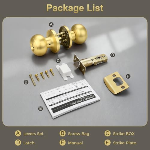 KNOBWELL 5 Pack Privacy Door Knob for Bathroom or Bedroom Door Knobs, Round Interior Door Knobs,Gold Indoor Door Knob, Keyless Door Knob with Lock, Door Handle Lock, Gold