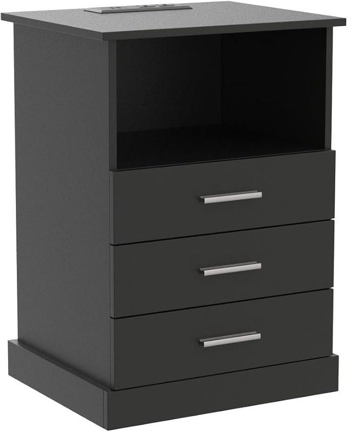 Halitaa Black LED Nightstand with Charging Station, Side Table with 3 Drawers and Light, End Table with Open Storage, Beside Cabinet for Bedroom (Black 2 Set)
