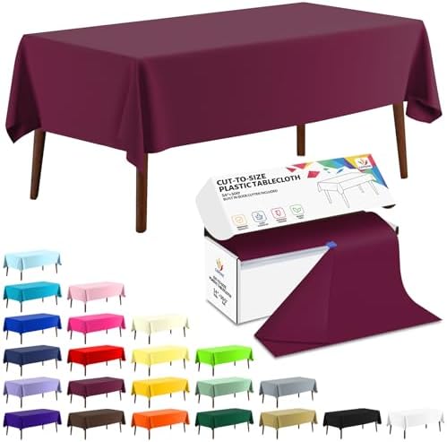 CXPSINC 54 Inch X 300 Feet Plastic Table Cover Roll Disposable Tablecloth with Slide Cutter for All Type/Shape Tables | Party, Banquet, Birthdays, Weddings(Burgundy, 300 Feet)