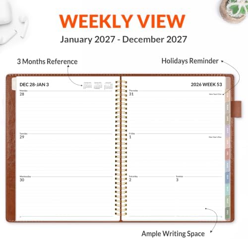 SUNEE 2027 Weekly & Monthly Planner 9"x11.2"- 12 Month (January 2027 - December 2027), Vegan Leather Cover, Pocket, Bookmark, Notes, Monthly Tab, Brown