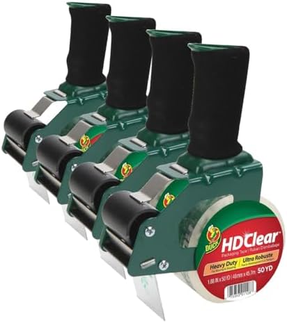Duck HD Clear Packing Tape Dispenser Heavy Duty Packaging Tape Gun for Packing Boxes, Shipping and Moving - Includes 1 Refill Roll of HD Clear 1.88 in. x 50 Yards - Foam Handle (287398) (Pack of 4)