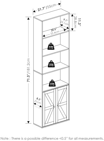 Furinno Jensen Book Shelf, 6-Tier Farmhouse Bookshelf, Display Bookcase with Doors, 9.2" x 21.6" x 71.2", for Organization and Storage, for Living Room, Bedroom, Home Office, Amber Pine
