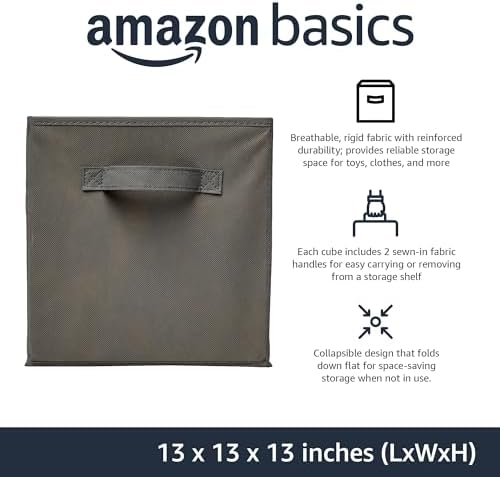 Amazon Basics Collapsible Fabric Storage Cube Bins Organizer with Handles for Organizing, Sturdy, Gray, 13 x 13 x 13 inch, 6-Pack