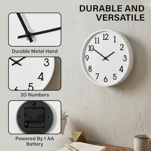 Clockswise 11" Modern Minimalist Round Wall Clock Black Arabic Numerals White Dial Analog Display Step Movement Mechanism Easy-to-Read Timepiece for Living Room Kitchen Office or Bedroom Wall Decor