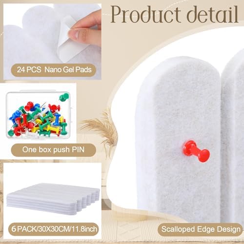 Yookeer Large Scalloped Felt Bulletin Board 36'' x 24'' Cork Board Alternative for Office Wall Decor 6 Pack with 25 Safe Removable Adhesive Tabs Push Pin, Felt Pin Boards for Home Office(Cream White)