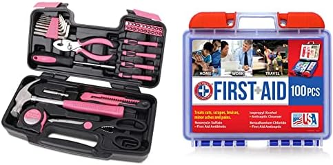 Apollo Tools Original 39 Piece General Household Tool Set in Toolbox Storage Case & Be Smart Get Prepared 100 Piece First Aid Kit: Clean, Treat, Protect Minor Cuts, Scrapes. Home, Office, Car, School