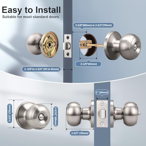 KNOBWELL Privacy Door Knob with Lock in Brushed Nickel Finish for Bedroom and Bathroom, Indoor Security Door Handle with Privacy Lock, Satin Nickel Interior Door Knobs