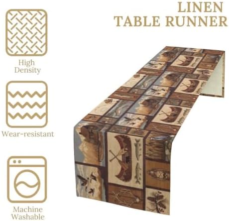 Retro Rustic Style Table Runner, Vintage Moose Deer Bear Leaf Tree Country Style Farmhouse Cottage Cabin Dinner Table Decoration for Home Kitchen Dining 13"x36"