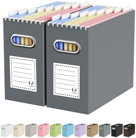 Oterri Portable Collapsible Cardboard File Box with Handle for Letter-Size | 2-Pack. Stainless Steel Handle. Label Stickers Included. Fits Letter Folders (Not Included). Home, Office, School, Dorm, Tax.