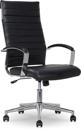 Amazon Basics High-Back Swivel Office Chair with Lumbar Support, Ergonomic Ribbed Faux Leather, Adjustable Height, 45.25" x 24.75" x 23.25", Black