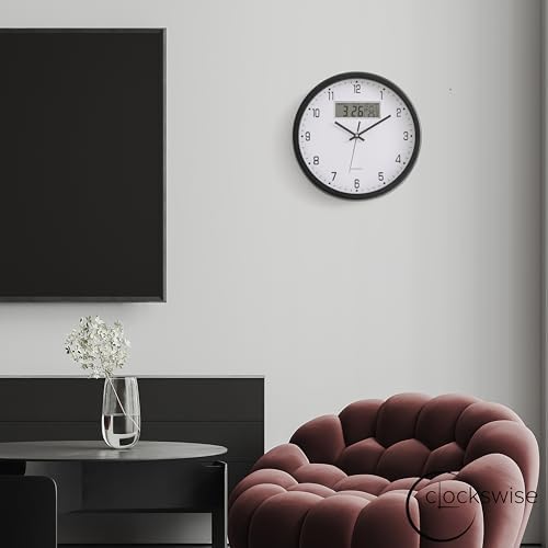 Clockswise 12-inch Wall Clock, Non-Ticking Analog & Digital with Temperature Display Battery Powered, Silent Operation, Switchable Time and Date - Perfect for Classroom Office Bedroom and Study, Black