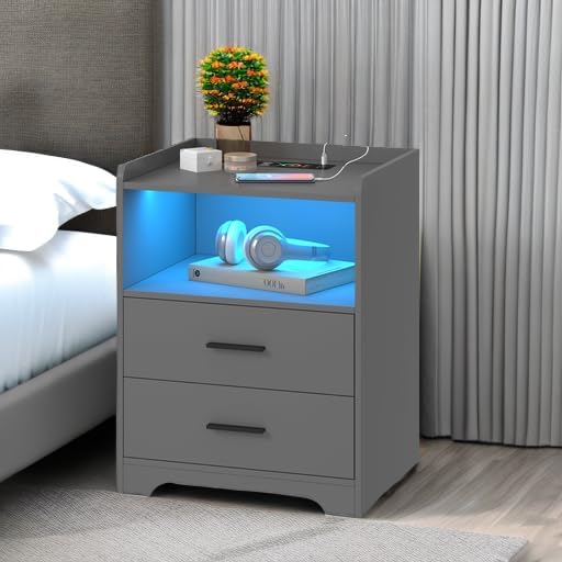 dnbss RGB Nightstand with Charging Station, Smart Bedside Table, Grey | LED Night Stand, 2 Drawers, 1 Compartment, Human Body Sensor, Modern End Side Table for Bedroom Living Room Office Storage