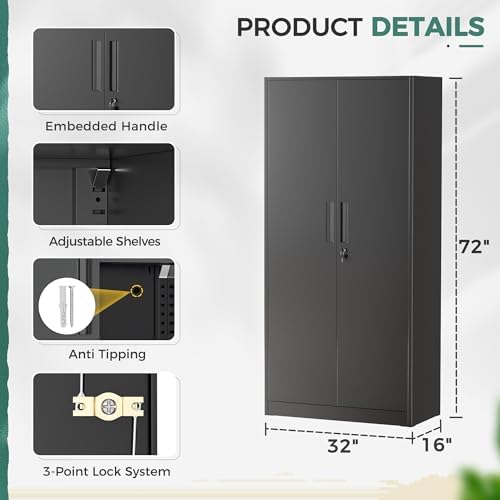 Greenvelly Storage Cabinet, 72” Black Garage Steel Locking Cabinet with Doors and 4 Adjustable Shelves, Tall Lockable File &Tool Cabinet for Home Office, Metal Classroom Cabinet Basement
