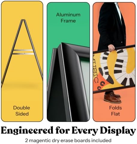 T-SIGN Sidewalk Sign for Indoor & Outdoor Sign - Open Aluminum A Frame Sign Poster Board 24x36 Inches, White Dry Erase Surface - Heavy Duty Double Sided Sandwich Board, Street Advertising Sign Board