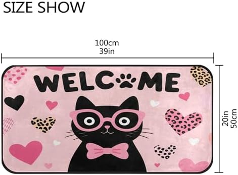 Aslsiy Black Cat with Bow Heart Pink (1) Kitchen Rug Kitchen Mats Valentines Floor Comfort Welcome Washable Non Slip Area Rug for Home Decor 39" X 20"