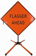 Traffic Roll-Up Sign Kit with Stand – Collapsible Safety Sign & Heavy-Duty Portable Stand, High Visibility, Easy Setup (Flagger Ahead, Reflective)